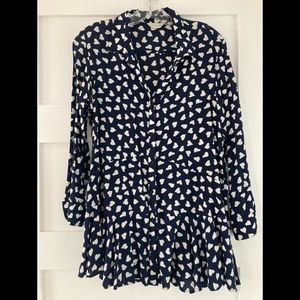 Navy and White Printed Long-Sleeve Tunic Top